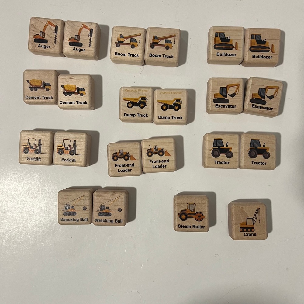 Everwood Friends Wooden Construction Vehicle Memory Matching Game 22pc Maple Set
